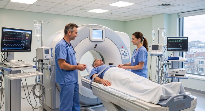 Doctor and nurse preparing a male patient for a CT scan in a modern hospital room. Medical examination with advanced diagnostic technology