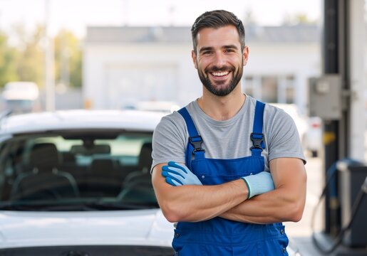 Confident smiling mechanic with arms crossed at a car service station. Professional handsome auto technician in uniform posing in front of a vehicle