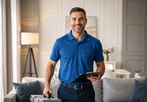 Confident handyman smiling at the camera with a toolbox and clipboard. Professional service worker providing home repair and maintenance