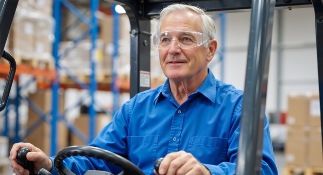 Senior man operating a forklift in a warehouse. Experienced industrial worker driving a lift truck in a distribution center