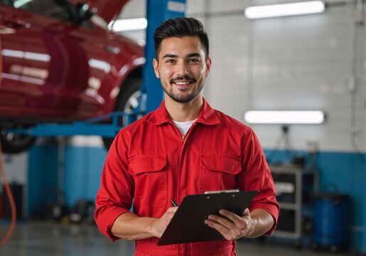 Confident auto mechanic in a red uniform smiling at the camera in a repair shop. Professional technician holding a clipboard with a car on a lift in the background