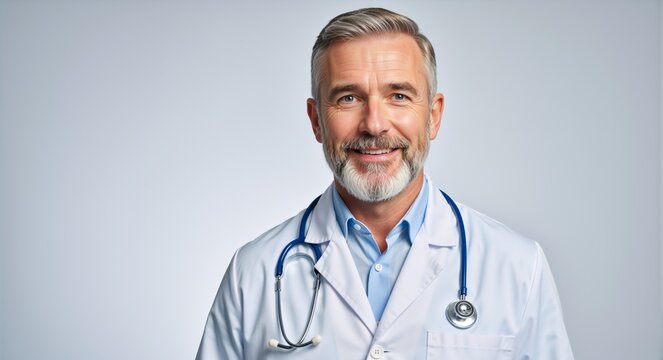 Portrait of a smiling mature male doctor with a stethoscope. Confident middle-aged healthcare professional in a white lab coat on a gray background with copy space