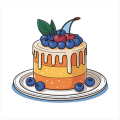 Cartoon birthday cake vector icon for celebration. Cute party dessert with one candle and white icing glaze. Sweet food illustration with colorful sprinkles. Simple pastry graphic.