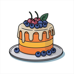 Cartoon birthday cake vector icon for celebration. Cute party dessert with one candle and white icing glaze. Sweet food illustration with colorful sprinkles. Simple pastry graphic.