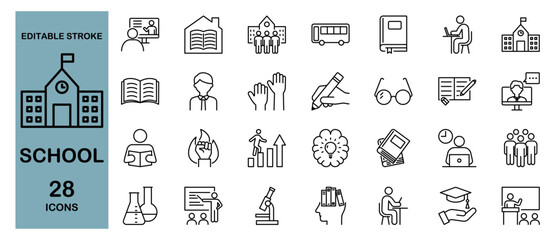 School Icon Set – Education, Study, Student and Teacher. Editable Stroke, Vector Illustration