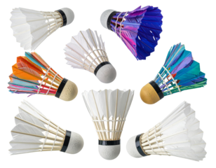 Vibrant Colorful Badminton Shuttlecocks on Transparent Background.