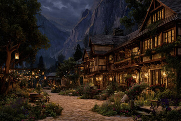 Fototapeta premium Picturesque fantasy hamlet in mountain valley under starry night sky