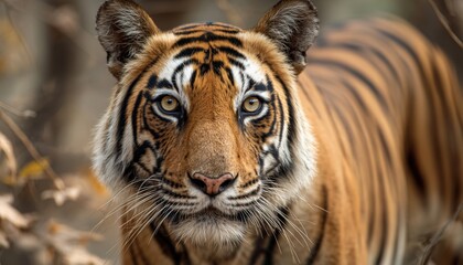 Obraz premium Stunning Male Tiger Portrait Making Eye Contact In The Black Depths Of Ranthambore National Park In Rajasthan, India