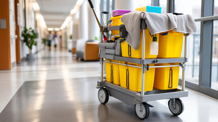 Cleaning staff organizing professional equipment cart in corridor, fresh morning light, order and care, facility operations realism, 