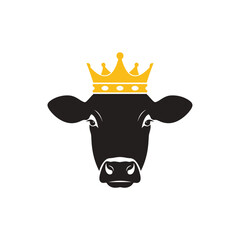 Majestic black cow head wearing a golden crown, symbol of dairy industry royalty and premium quality products on white background