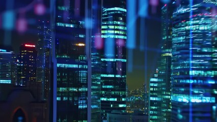 Digital Finance Cityscape with Market Chart Overlay - Powered by Adobe