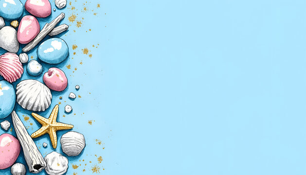 Beach-themed illustration with seashells, starfish, and pebbles on a blue background