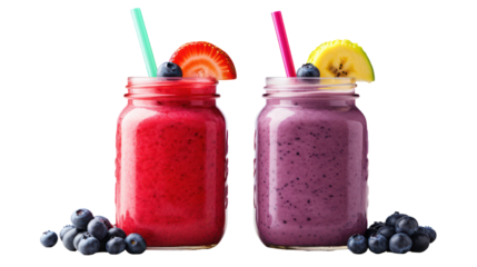 Two colorful fruit smoothies in mason jars with fresh berries isolated on transparent background