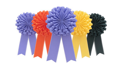 Colorful award ribbons with pleated rosettes and long tails, arranged in row, symbolize achievement, celebration, and recognition in competitions or events