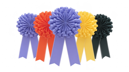 Colorful award ribbons with pleated rosettes and long tails, arranged in row, symbolize achievement, celebration, and recognition in competitions or events