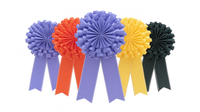 Colorful award ribbons with pleated rosettes and long tails, arranged in row, symbolize achievement, celebration, and recognition in competitions or events - Powered by Adobe
