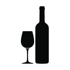 Silhouette of a wine bottle and empty wine glass isolated on white background, graphic illustration, simple, modern, clean, beverage