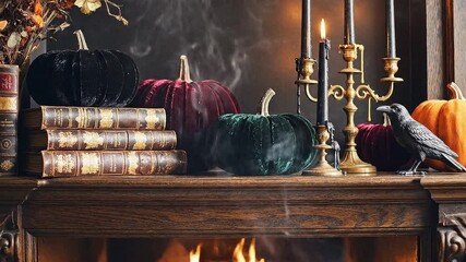 Velvet pumpkins and antique books on a mantelpiece with a roaring fireplace and crow for Halloween decor