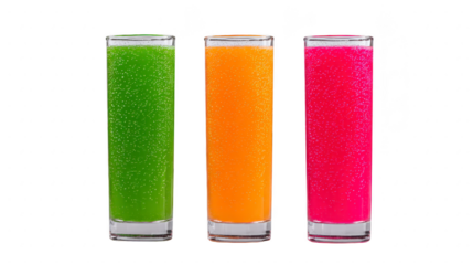 Colorful fruit juice in tall glass green orange and pink with bubbles refreshing and vibrant isolated on transparent background perfect for summer beverage concepts
