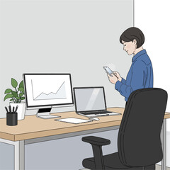 Young professional woman standing at desk checking smartphone in modern office.