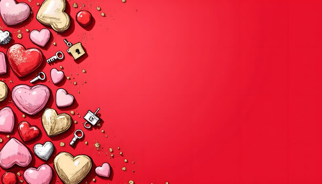 Valentine's Day hearts and keys on a vibrant red background