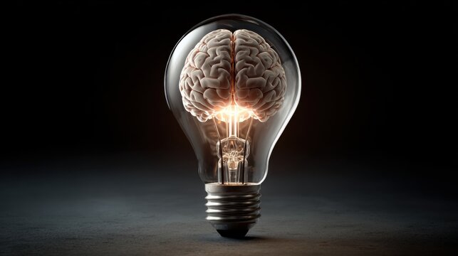 Glowing brain inside light bulb symbolizing ideas - Powered by Adobe