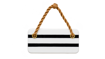 Blank rectangular sign with black stripes and rope handle, isolated on transparency background, suitable for customization, evokes nautical and minimalist style