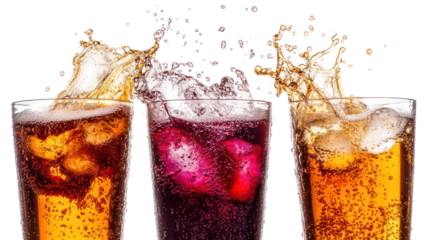 Three refreshing drinks splashing and overflowing isolated on transparent background