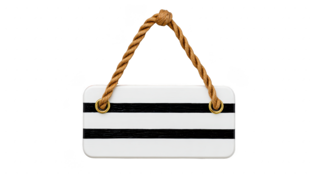 Blank rectangular sign with black stripes and rope handle, isolated on transparency background, suitable for customization, evokes nautical and minimalist style