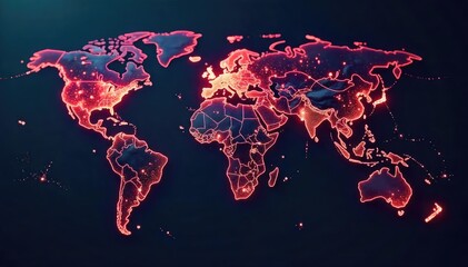 A complex network of interconnected nodes representing global trade and communication, visualized with glowing lines and spheres on a dark background , cooperation, technology