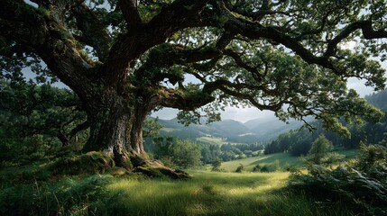 Fototapeta premium Majestic ancient oak tree with gnarled bark and massive sprawling branches stands alone in a green meadow with soft daylight and texture.
