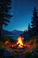 A crackling campfire under a starlit summer sky, surrounded by lush greenery and towering trees The perfect summer camping scene evokes relaxation and adventure , branches, adventure, darkness