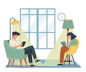 man and woman character  reading  books  in living room