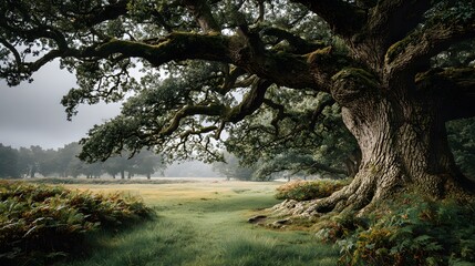Fototapeta premium Majestic ancient oak tree with gnarled bark and massive sprawling branches stands alone in a green meadow with soft daylight and texture.