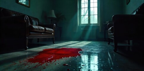 A darkened room, a single pool of blood on the polished floor, overturned furniture suggesting a struggle  A chilling image hinting at a violent crime scene ,  clue,  night