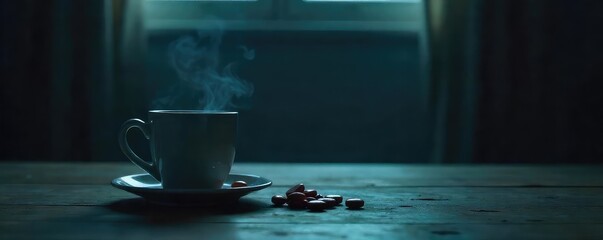 Empty Coffee Cup, Scattered Pills Loneliness and Pain in a Darkened Room