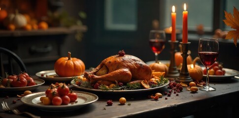 A darkly lit Thanksgiving feast, featuring a metallic centerpiece and rustic elements  The scene evokes a gothic, heavy metal aesthetic with a distinctly autumnal feel ,  metal texture,  food