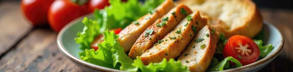 A delicious and healthy luncheon meal featuring fresh salad, grilled chicken, and crusty bread, perfect for a light and satisfying midday meal ,  plate,  herbs