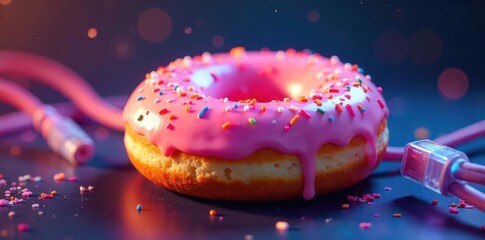 A delicious glazed doughnut with a vibrant, colorful internet cable wrapped around it, symbolizing the sweet indulgence of online connectivity , home network, ring doughnut