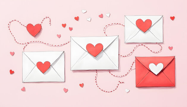 Valentine's Day love letters connected with string on a pink background