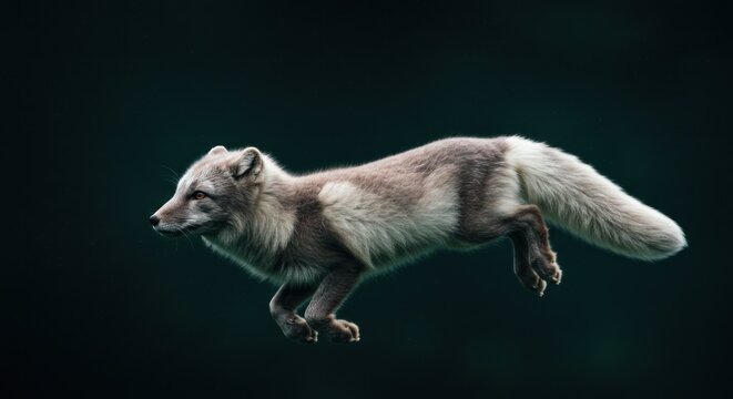 Arctic fox in mid air against a dark background