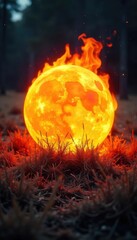 A fiery orb of intense heat and bright orange flames, engulfing dry brush and grass in a raging inferno The scene depicts the destructive power of fire and heat , grass, heat, forest fire