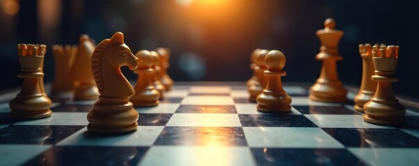 A fierce business chessboard game in progress, signifying strategic planning and unwavering ambition for ultimate victory in a competitive market , success, reward, knights