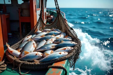 Abundant Ocean Harvest A Fishing Trawler Returns with a Bountiful Catch of Glistening Fish, the Vibrant Colors of the Fish Contrasting Beautifully Against the Deep Blue Sea.