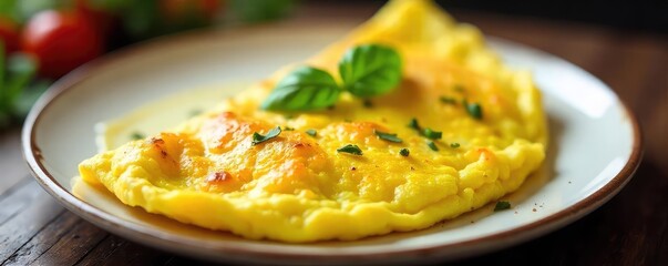 Golden Brown Omelet with Runny Yolk, Fresh Herbs Garnish, Delicious Breakfast Brunch Food Photography