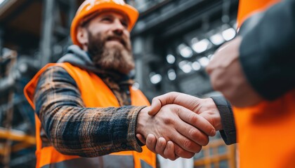 Caucasian Bearded Worker In Protective Gear Shaking Hands With Quality Control Engineer In Business Handshake Scene. Orange Vest.
