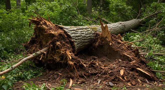 Fallen tree in a forest, roots exposed, surrounded by greenery. Nature's power evident