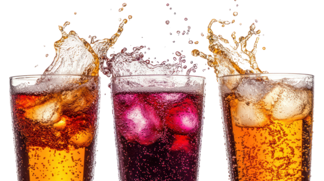 Three refreshing drinks with ice and splashes isolated on transparent background