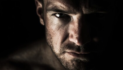 Obraz premium Male Subject With Dramatic Overhead Lighting Gazing Directly At The Camera In A Studio Setting, Captured In High Resolution Quality.