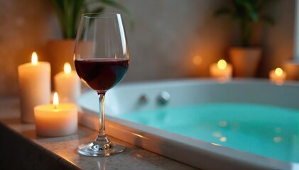 A glass of wine sits beside a relaxing bath, candles burning softly nearby, creating a tranquil scene of unwinding and self-care , warm, spa, stress relief